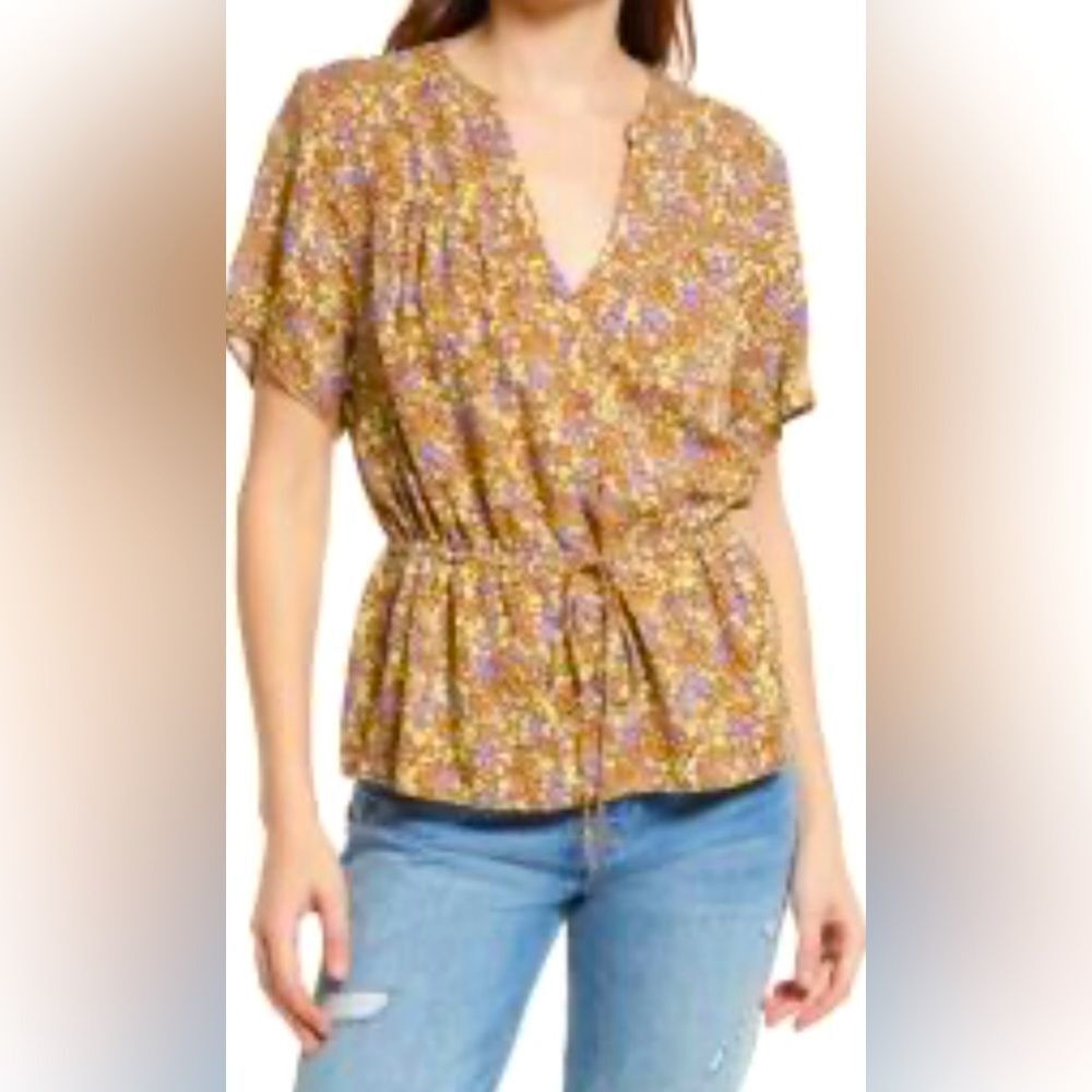 Treasure Bond Vintage-Style Floral Peplum Blouse – Short Sleeve – Size M Viscose